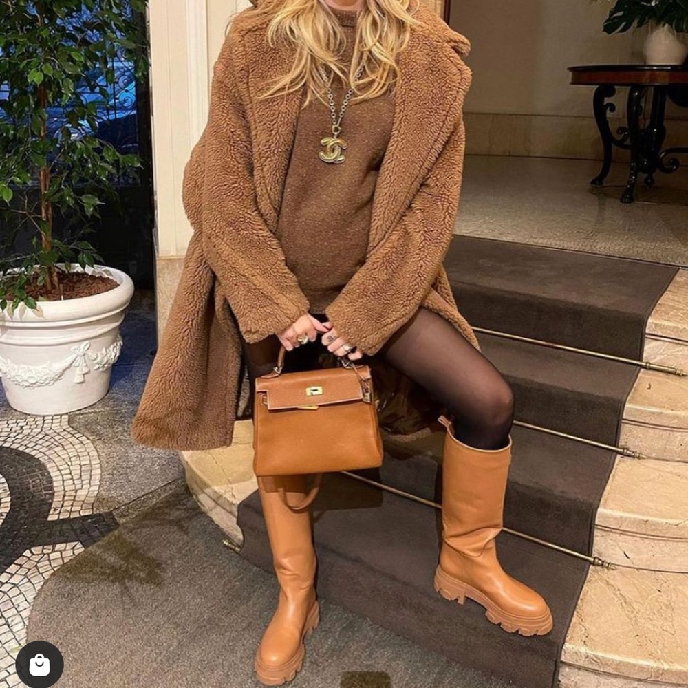 ZARA camel leather low heel lug sole boots